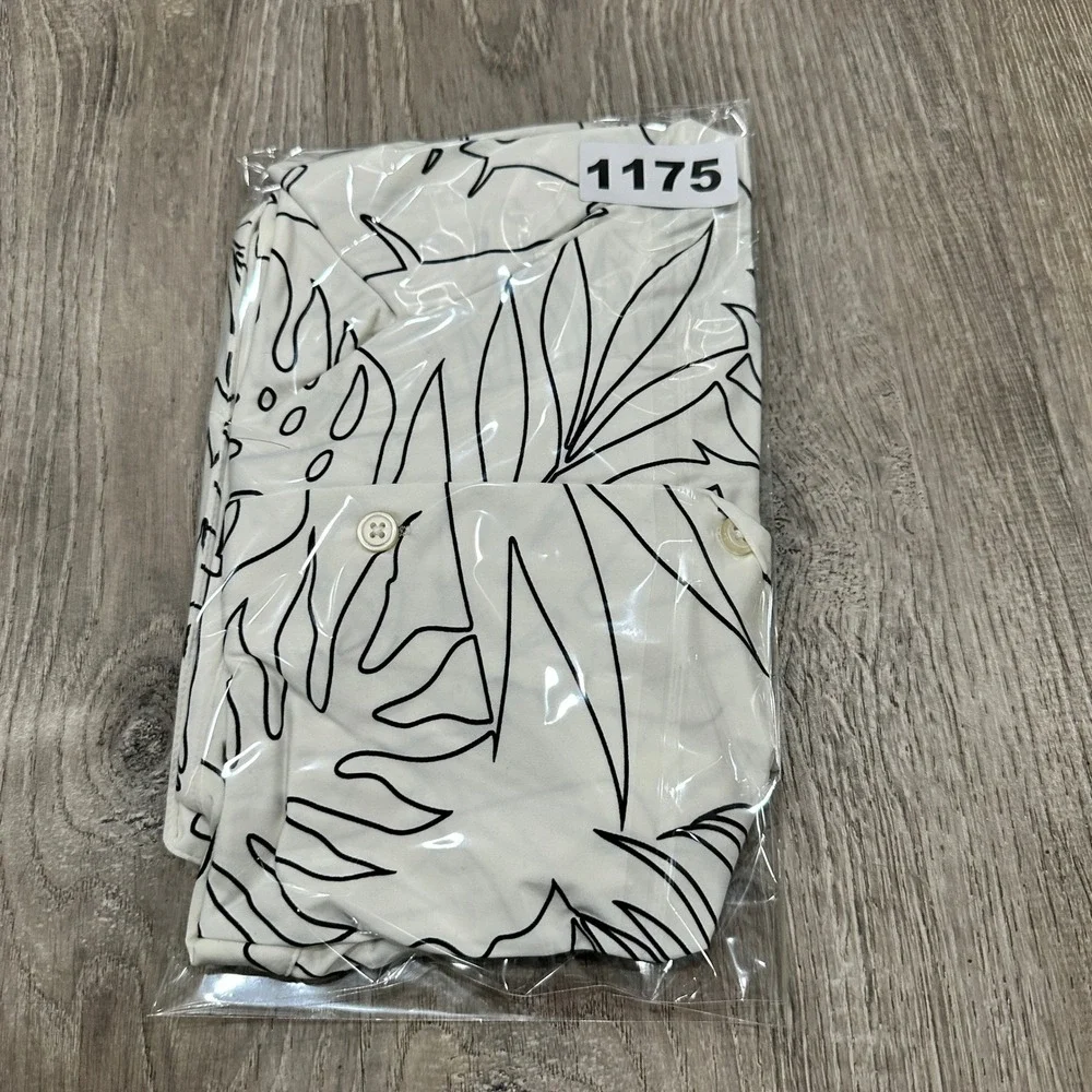 Porter & Ash Kinetic Stretch Mens‎ Large White Black Tropical Leaf Button Down